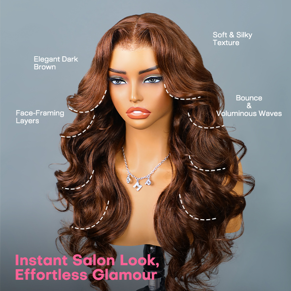 Face-Framing Layers #4 Dark Brown Colored Body Wave Wear Go Wig 6x4 Lace Closure 180% Glueless Color Wig
