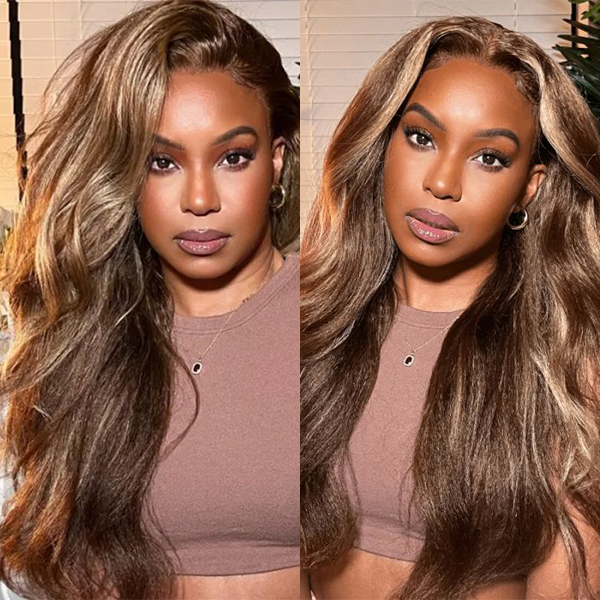 OhMyPretty Wear Go Glueless Highlight Brown Kinky Straight 6x4 Lace Wig With Pre-plucked Hairline Secure 3D Dome Cap