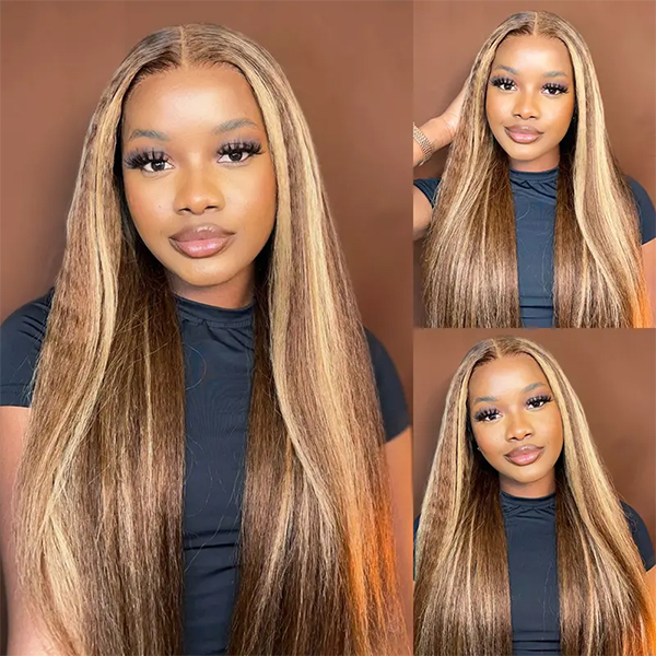 OhMyPretty Wear Go Glueless Highlight Brown Kinky Straight 6x4 Lace Wig With Pre-plucked Hairline Secure 3D Dome Cap