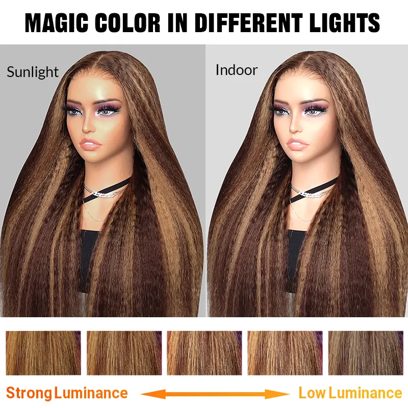 OhMyPretty Wear Go Glueless Highlight Brown Kinky Straight 6x4 Lace Wig With Pre-plucked Hairline Secure 3D Dome Cap