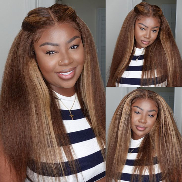 OhMyPretty Wear Go Glueless Highlight Brown Kinky Straight 6x4 Lace Wig With Pre-plucked Hairline Secure 3D Dome Cap