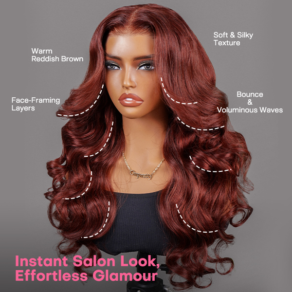 OhMyPretty Face-Framing Layers Reddish Brown Color Wear Go Upgraded Body Wave Glueless 7x5 Lace Wig With Pre-plucked Hairline