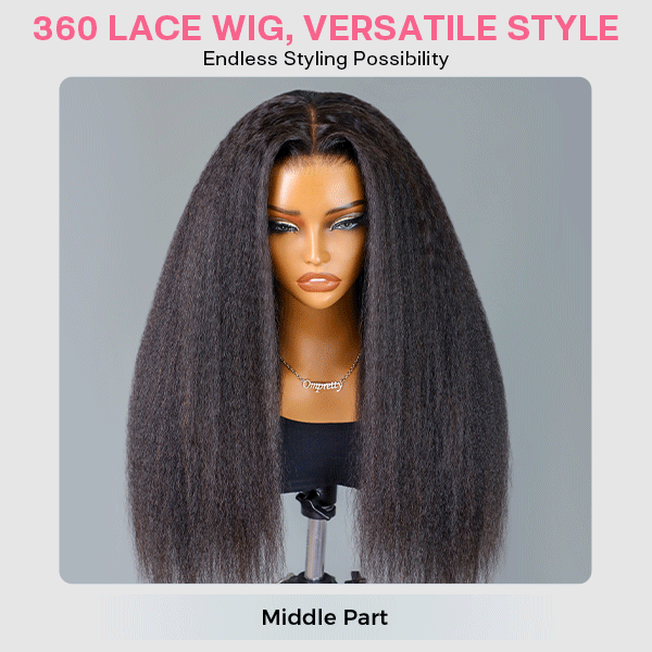 OMpretty 360 Kinky Straight Invisi Draw Strings Wear Go Glueless Pre-Bleached And Pre-Cut Lace Human Hair Wig