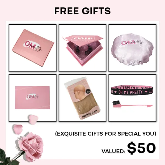OMpretty Free Gifts Package: 3D Mink Eyelashes, HD Wig Cap, Silk Sleep Cap, Elastic Headband,  Double Side Brush &Comb