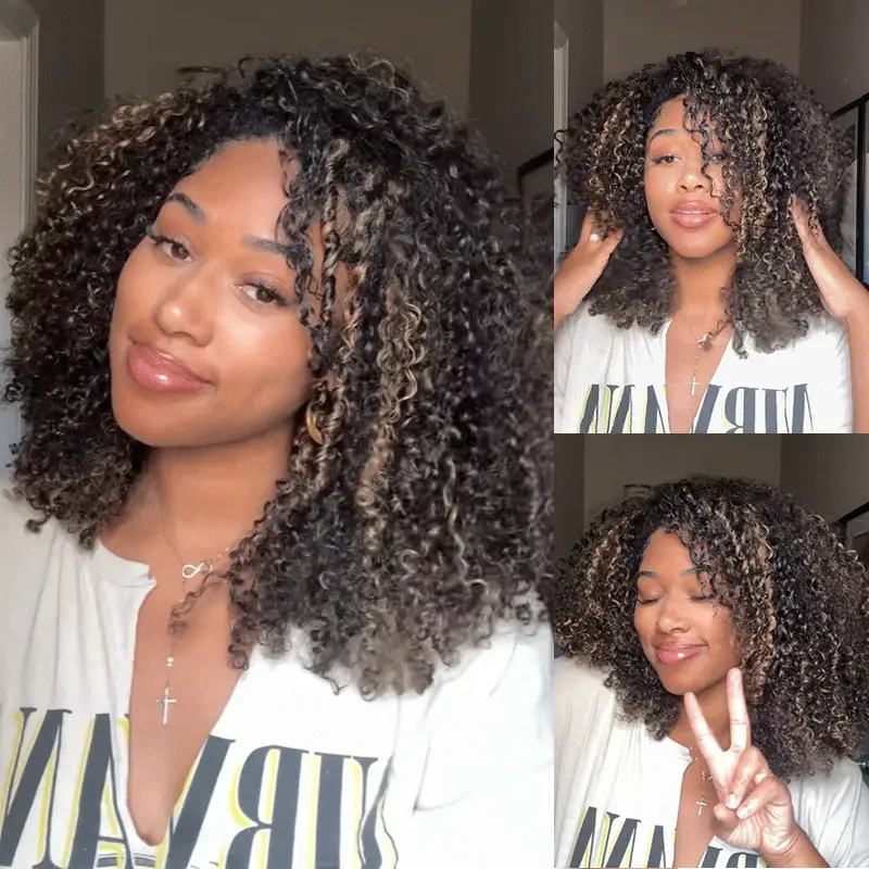 OhMyPretty Highlight Brown Wear Go Half Wig 3 IN 1 Kinky Curly Flip Over Wig Invisible Hairline Draw-strings For Beginner