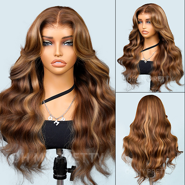 Honey Blonde Highlight Layered Cut Body Wave Wear Go Glueless 7x5 Closure Lace Human Hair Wig Pre-Cut Lace