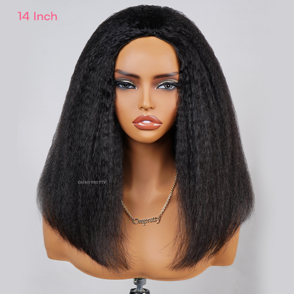OhMyPretty Blowout Bob Kinky Straight Wear Go Half Wig Flip Over Wig Invisible Hairline Draw-strings Blend & Secure For Beginner 