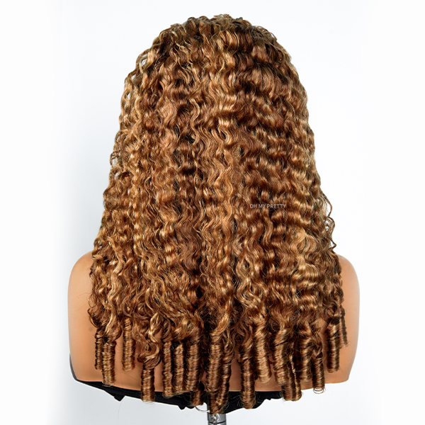 OhMyPretty Burmese Curly Highlight 4/27 Color  Wear Go Half Wig Flip Over Wig Invisible Hairline Draw-strings For Beginner