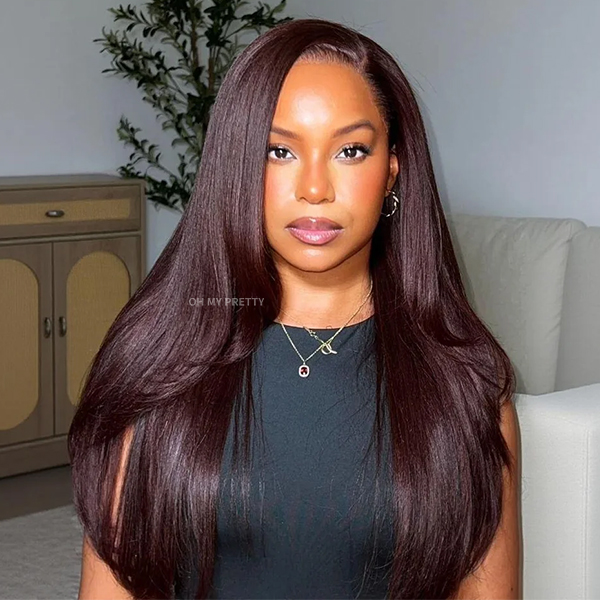 Blackcurrant Brunette 7x5 Lace Wear Go Glueless Layered Straight Human Hair Wig Dark Burgundy