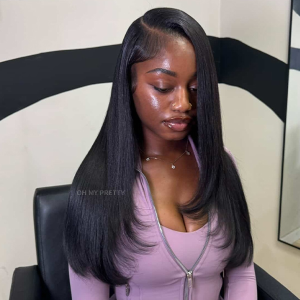 OhMyPretty Glueless Layered Cut Straight Wear Go 6x4 Lace Wigs Pre-Plucked Hairline Pre-Cut Lace Tiny Knots 100% Human Hair