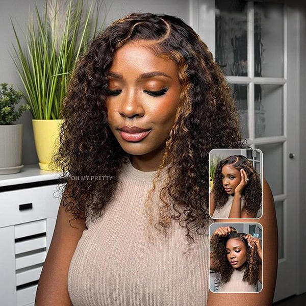 Blonde Highlight Water Wave Side Part Style Wear Go 7x5 Lace Glueless Wigs With Natural Hairline And Pre-cut Lace
