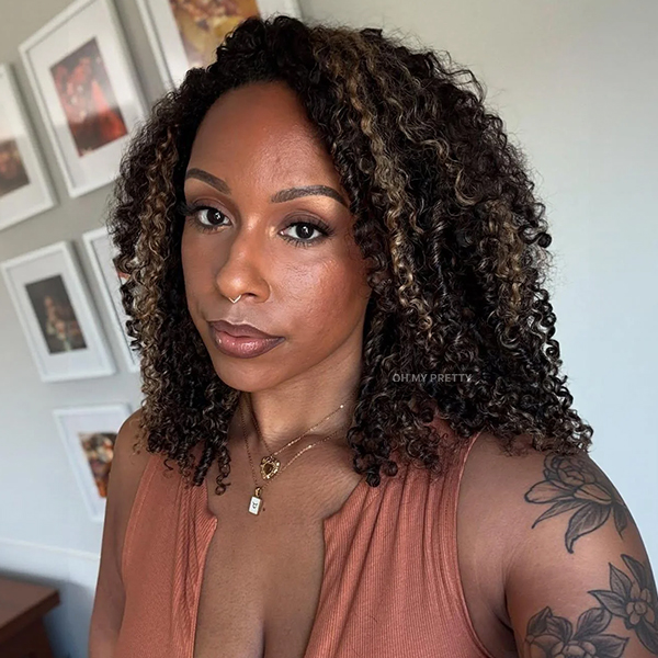 OhMyPretty Highlight Brown Wear Go Half Wig 3 IN 1 Kinky Curly Flip Over Wig Invisible Hairline Draw-strings For Beginner