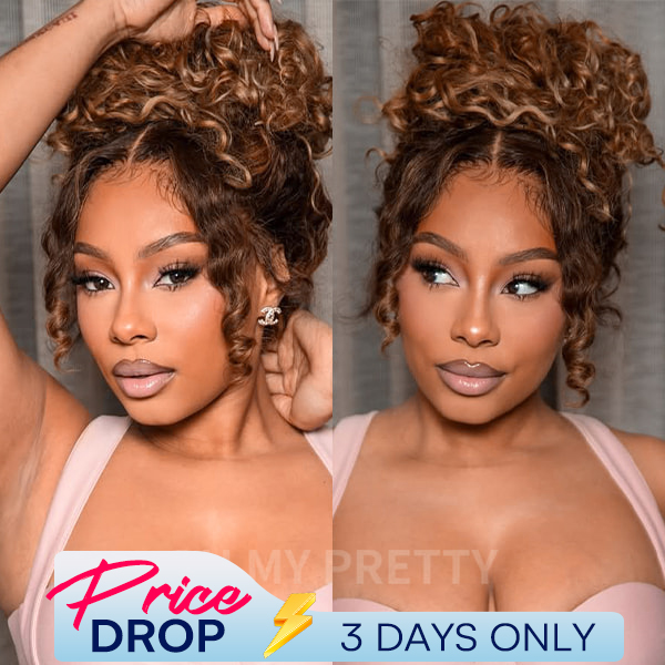 OMpretty Highlight Brown Water Wave 360 Wear Go Wig Invisi Draw Strings Pre-Cut Lace Glueless Wigs