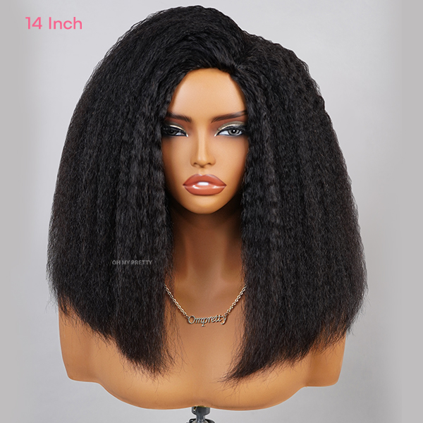 OhMyPretty Blowout Bob Kinky Straight Wear Go Half Wig Flip Over Wig Invisible Hairline Draw-strings Blend & Secure For Beginner 