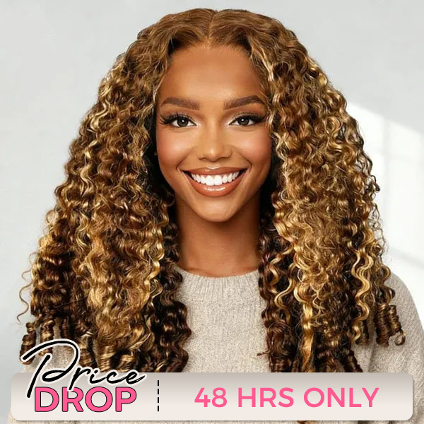 9x6 Burmese Curly Highlight Brown 4/27 Color M-cap Wear Go Glueless Wig Elastic Drawstring