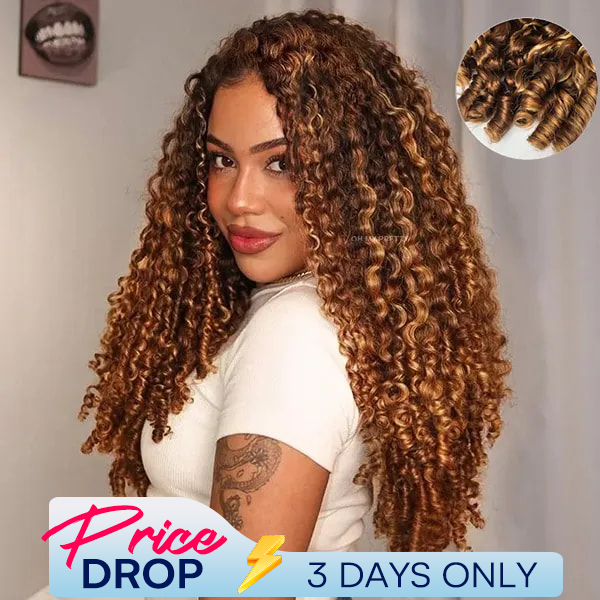 OhMyPretty Burmese Curly Highlight 4/27 Color  Wear Go Half Wig Flip Over Wig Invisible Hairline Draw-strings For Beginner