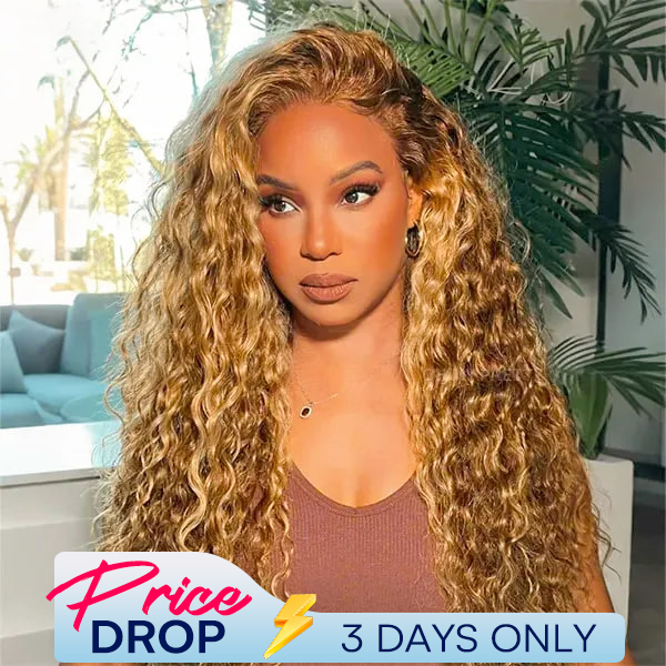 Side Part Honey Blonde Light Highlight Wear Go Glueless Water Wave Wig 7x5 Pre-cut Pre-plucked Bleached Knots Wig