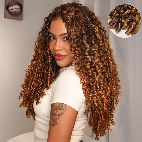 OhMyPretty Burmese Curly Highlight 4/27 Color  Wear Go Half Wig Flip Over Wig Invisible Hairline Draw-strings For Beginner