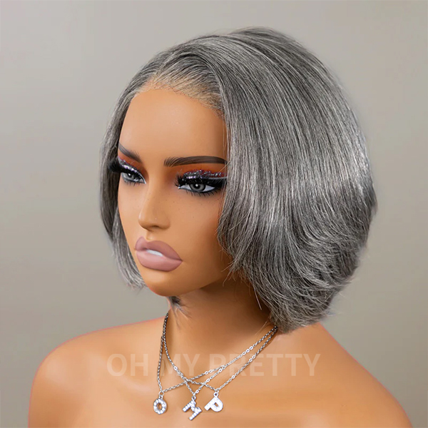 Boss Vibe Salt and Pepper Layered Bob Wear Go Glueless Pre-Cut Lace Grey Wig