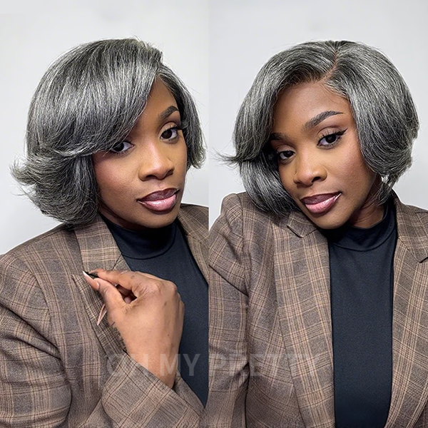 Boss Vibe Salt and Pepper Layered Bob Wear Go Glueless Pre-Cut Lace Grey Wig