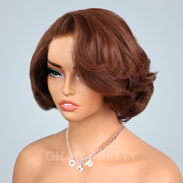 Layered Fluffy Blowout Style Bob Wear Go Glueless 7x5 Lace Closure Wig Yaki Straight HD Lace/ Brown Color Transparent Wig