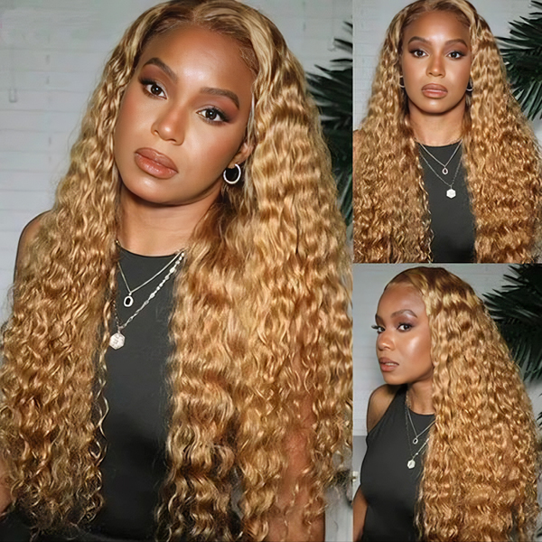 OhMyPretty Wear Go Glueless Honey Blonde #27 Color Water Wave 6x4 Lace Wig With Pre-plucked Hairline Secure 3D Dome Cap