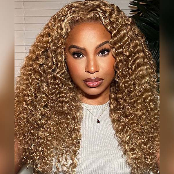 OhMyPretty Wear Go Glueless Honey Blonde #27 Color Water Wave 6x4 Lace Wig With Pre-plucked Hairline Secure 3D Dome Cap