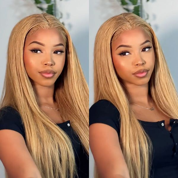 OhMyPretty Wear Go Glueless Honey Blonde #27 Color Straight 6x4 Lace Wig With Pre-plucked Hairline Secure 3D Dome Cap