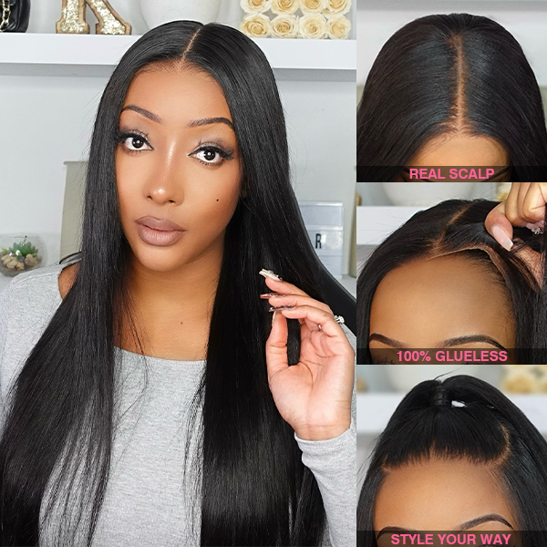 OhMyPretty Wear Go Glueless 7x5 Lace Straight Wig Super Natural Hairline Silky Human Hair Pre plucked &Pre Bleached & Pre Cut