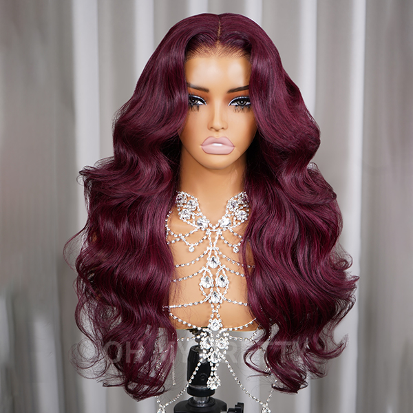 New In Layered Cut Body Wave 99J Burgundy 7x5 Wear Go Wig Pre-Cut Glueless Wig Human Hair