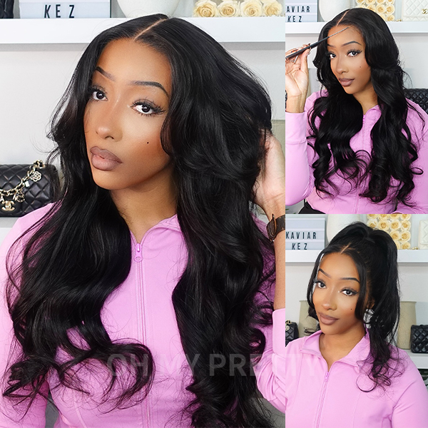 OhMyPretty Bleach Knots Glueless Body Wave Wear Go 7x5 Lace Wig With Pre-plucked Edges Pre-Cut Zig Zag Lace Invisible Knots