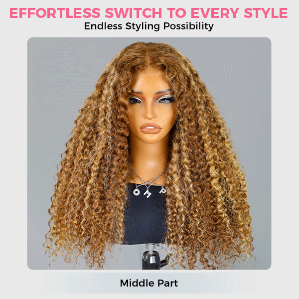 OMpretty Highlight Brown Water Wave 360 Wear Go Wig Invisi Draw Strings Pre-Cut Lace Glueless Wigs