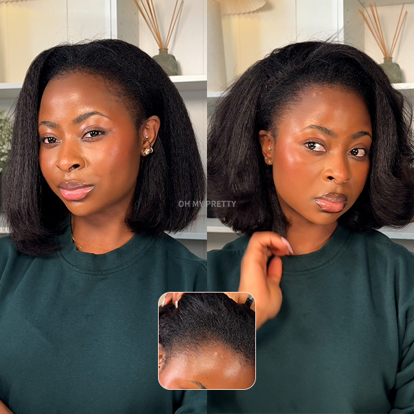 OhMyPretty Blowout Bob Kinky Straight Wear Go Half Wig Flip Over Wig Invisible Hairline Draw-strings Blend & Secure For Beginner 