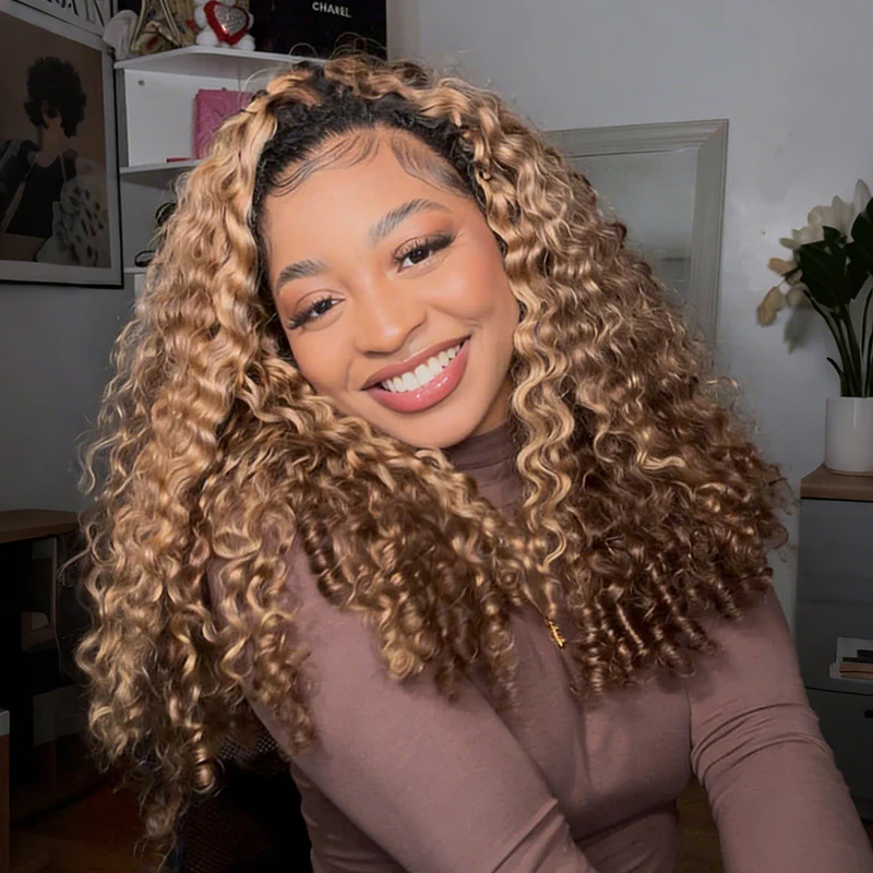 OhMyPretty Burmese Curly Highlight 4/27 Color  Wear Go Half Wig Flip Over Wig Invisible Hairline Draw-strings For Beginner