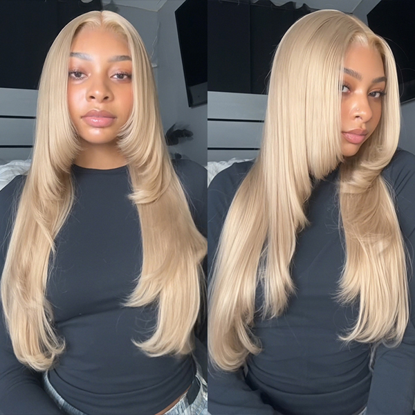 OhMyPretty Glueless Layered Cut Ash Blonde Color Straight Wear Go 6x4 Lace Wigs Pre-Plucked Hairline Pre-Cut Lace 100% Human Hair
