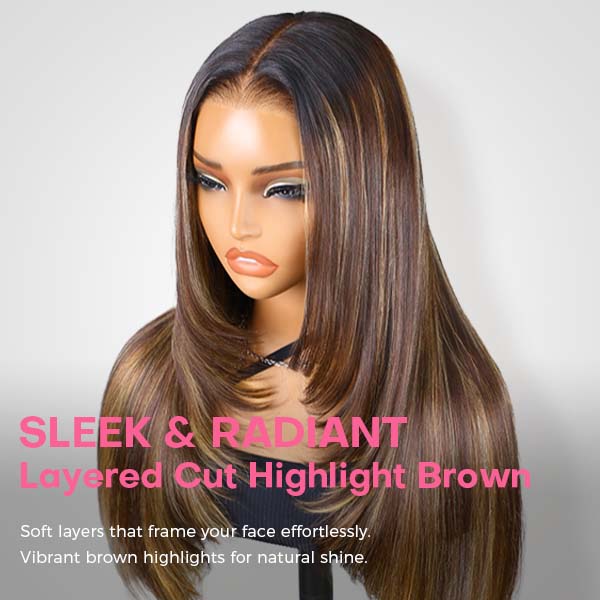 Layered Cut Balayage Highlight Silky Straight Wear Go Glueless 7x5 Lace Wig Pre-Bleached & Pre-Plucked & Pre Cut