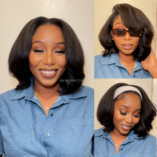 OhMyPretty Blowout Bob Kinky Straight Wear Go Half Wig Flip Over Wig Invisible Hairline Draw-strings Blend & Secure For Beginner 