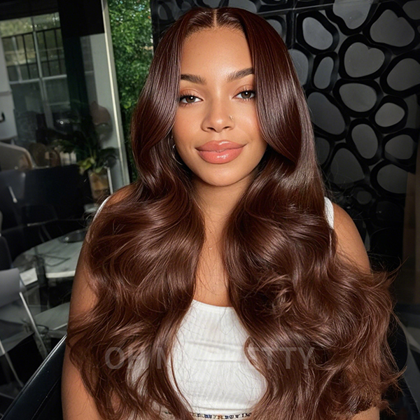 OhMyPretty Face-Framing Layers Chocolate Brown Color Wear Go Upgraded Body Wave Glueless 6x4 Lace Wig With Pre-plucked Hairline