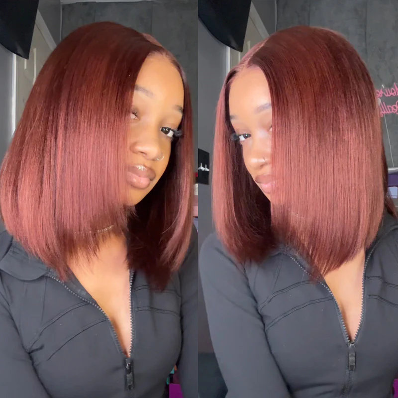 Reddish Brown Color 6x4 Wear Go Wig Layered Cut Bob Yaki Straight Glueless Wig
