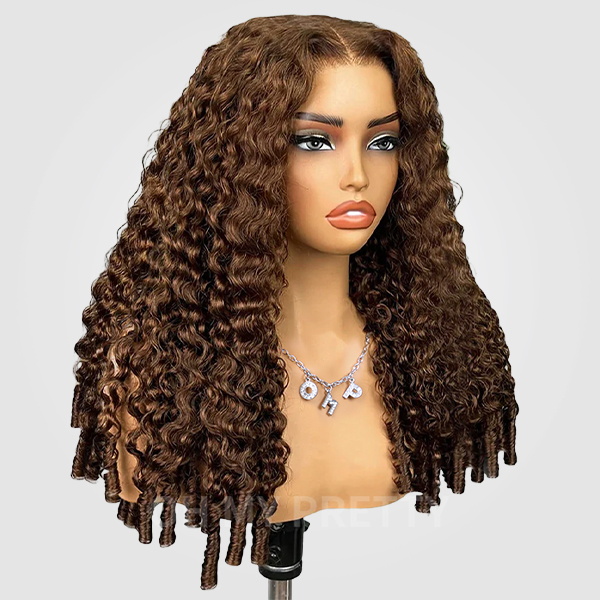 9x6 Burmese Curly Chocolate Brown Color Glueless Wig Pre Cut Lace Wear Go Wig With Elastic Drawstring