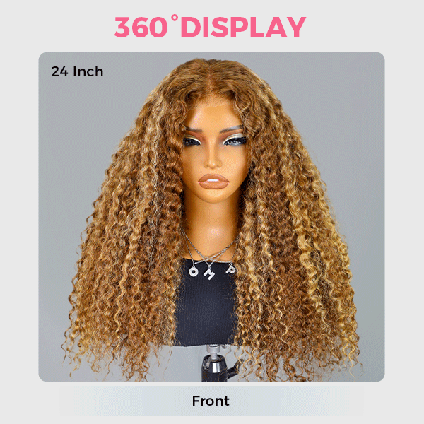 OMpretty Highlight Brown Water Wave 360 Wear Go Wig Invisi Draw Strings Pre-Cut Lace Glueless Wigs