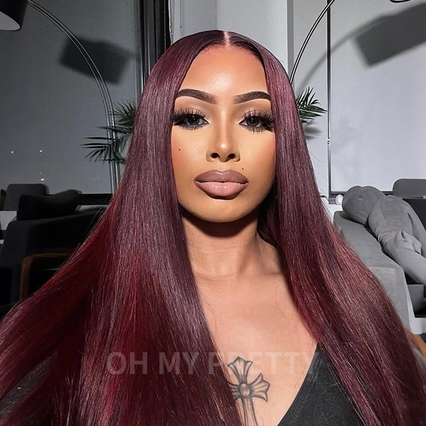 OhMyPretty Wear Go Glueless 99J Color Straight 6x4 Lace Wig With Pre-plucked Hairline Tiny Knots Pre-Cut Zig Zag Lace