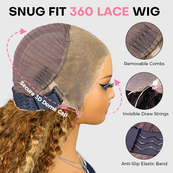 OMpretty Highlight Brown Water Wave 360 Wear Go Wig Invisi Draw Strings Pre-Cut Lace Glueless Wigs