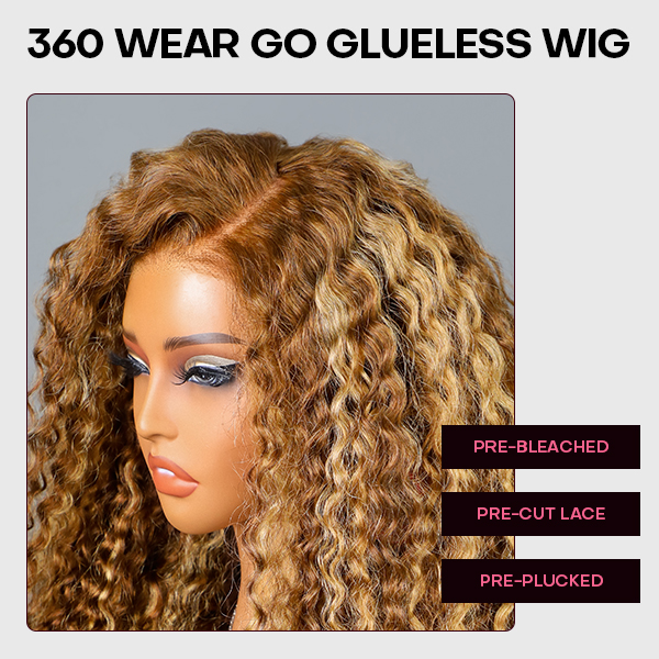 OMpretty Highlight Brown Water Wave 360 Wear Go Wig Invisi Draw Strings Pre-Cut Lace Glueless Wigs