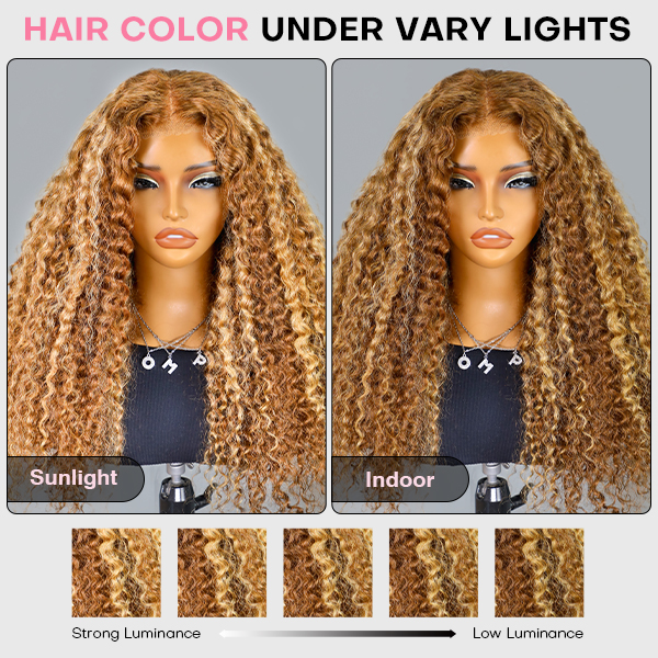 OMpretty Highlight Brown Water Wave 360 Wear Go Wig Invisi Draw Strings Pre-Cut Lace Glueless Wigs