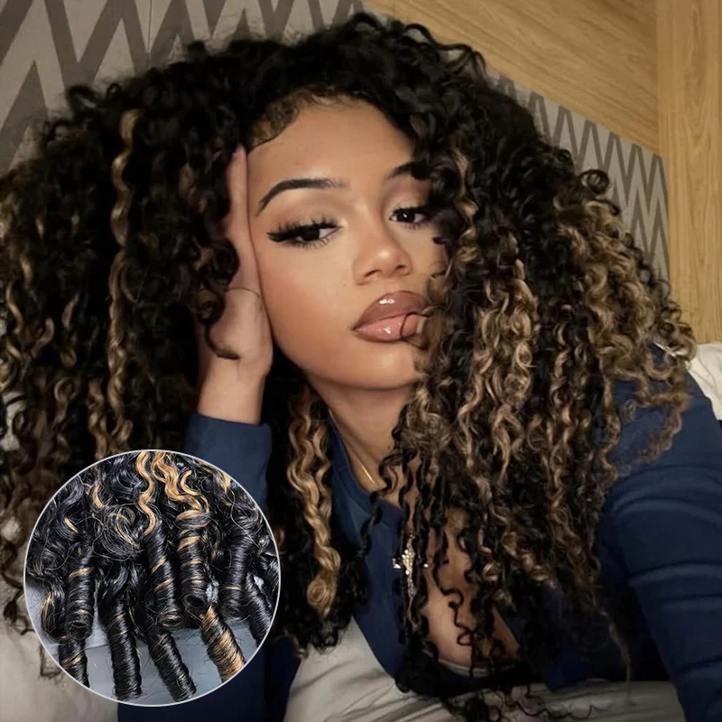 OhMyPretty 1B/30 Highlight Burmese Curly Wear Go Half Wig Flip Over Wig Invisible Hairline Draw-strings For Beginner