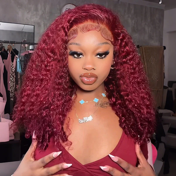 New In Luxury Wear Go 13x6 Burgundy 99J Color Burmese Curly Glueless Wig Lace Front Wig With Invisi Draw-strings 220% Density
