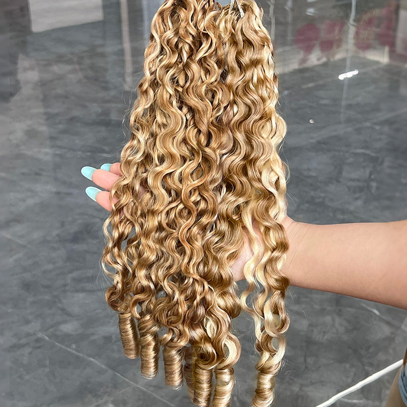 Brown Blonde Blend Burmese Curly #27/30/613 Crochet Human Hair for Boho Braids Pre-Separated Miracle Knots Tangle Free