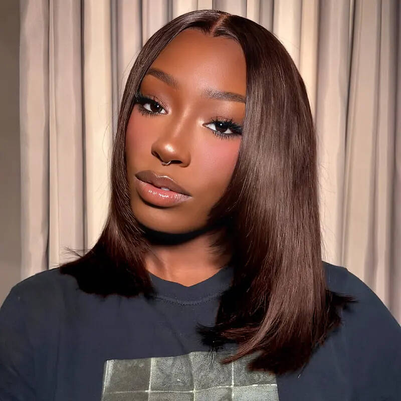 Chocolate Brown Color 7x5 Short Bob Wear Go Layered Cut Yaki Straight Glueless Wig Human Hair Pre Everything Beginnger Friendly