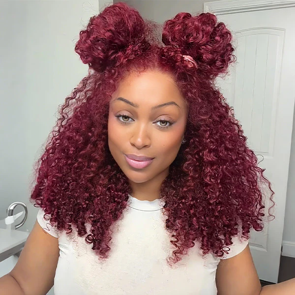 New In Luxury Wear Go 13x6 Burgundy 99J Color Burmese Curly Glueless Wig Lace Front Wig With Invisi Draw-strings 220% Density